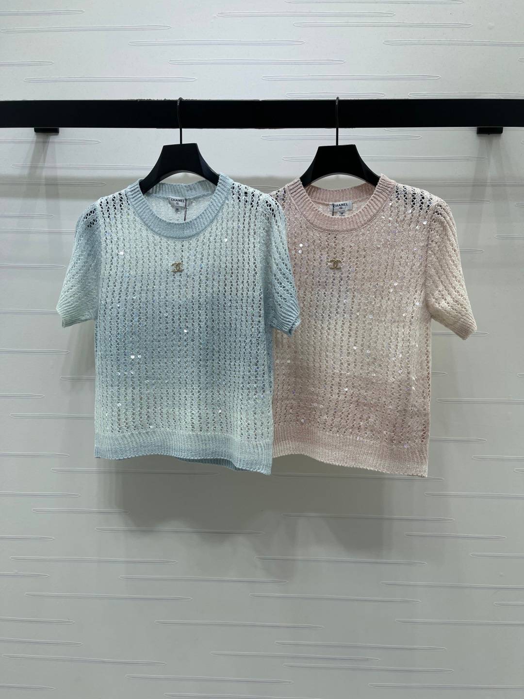 CHANEL シャネル ニット 半袖 ショート丈 クルーネック ブルー ピンク