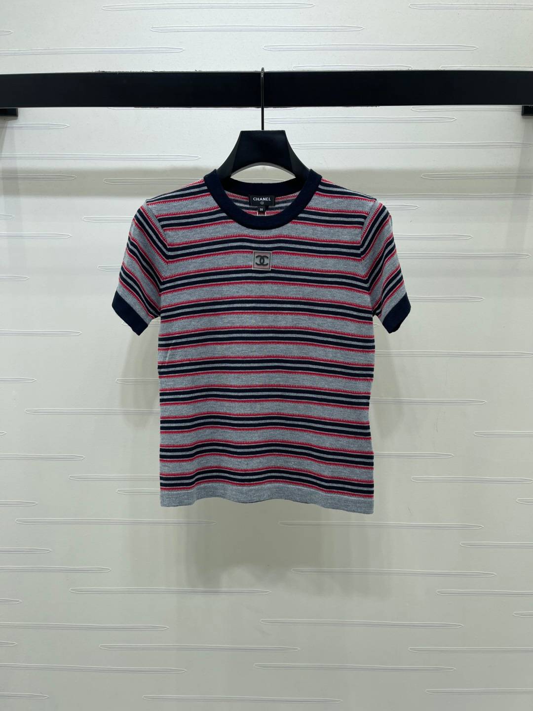CHANEL シャネル ニット 半袖 クルーネック ストライプ グレー