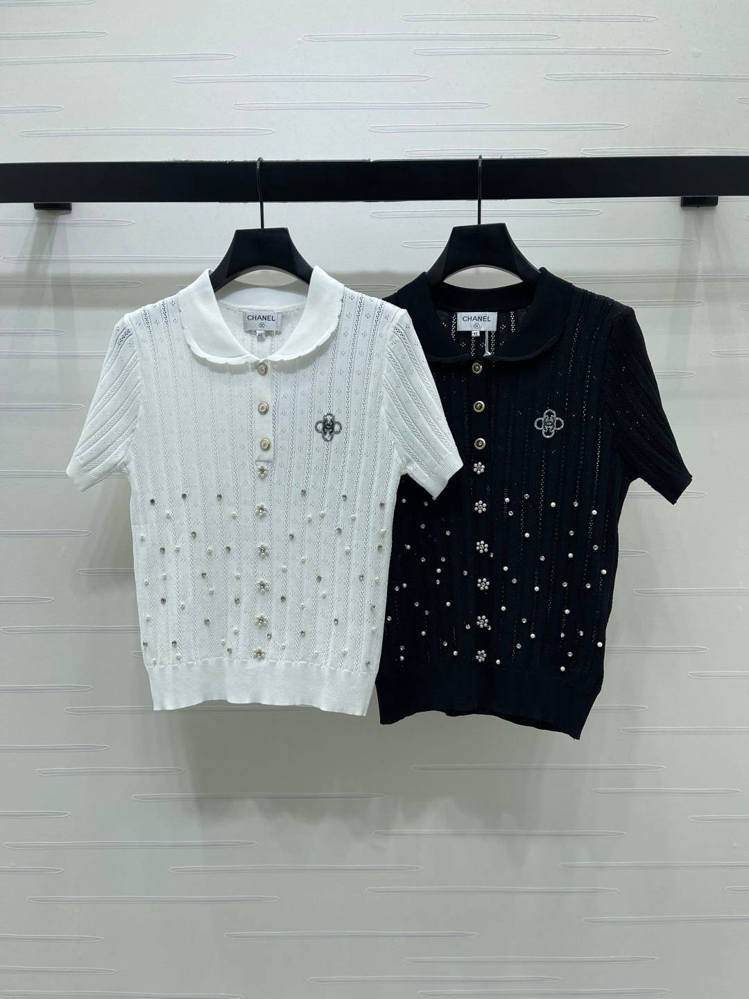 CHANEL シャネル ニットカーディガン 半袖 ビーズ刺繍 ホワイト ブラック