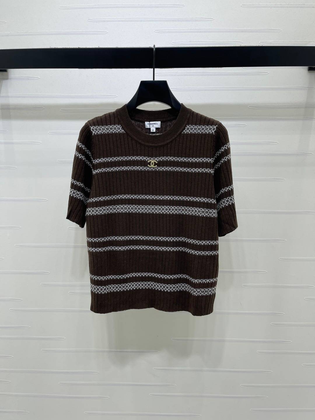 CHANEL シャネル リブニット 半袖 クルーネック ストライプ ロゴ ブラウン