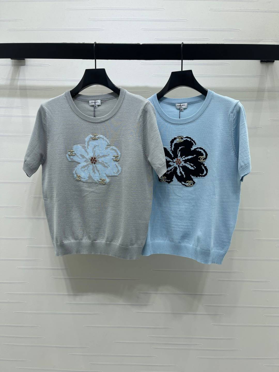 CHANEL シャネル ニット クルーネック 半袖 花柄 グレー ブルー