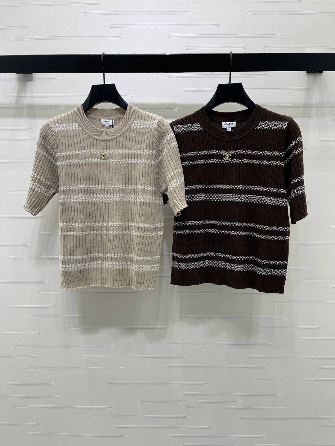 CHANEL シャネル ニット 半袖 クルーネック ベージュ ブラウン