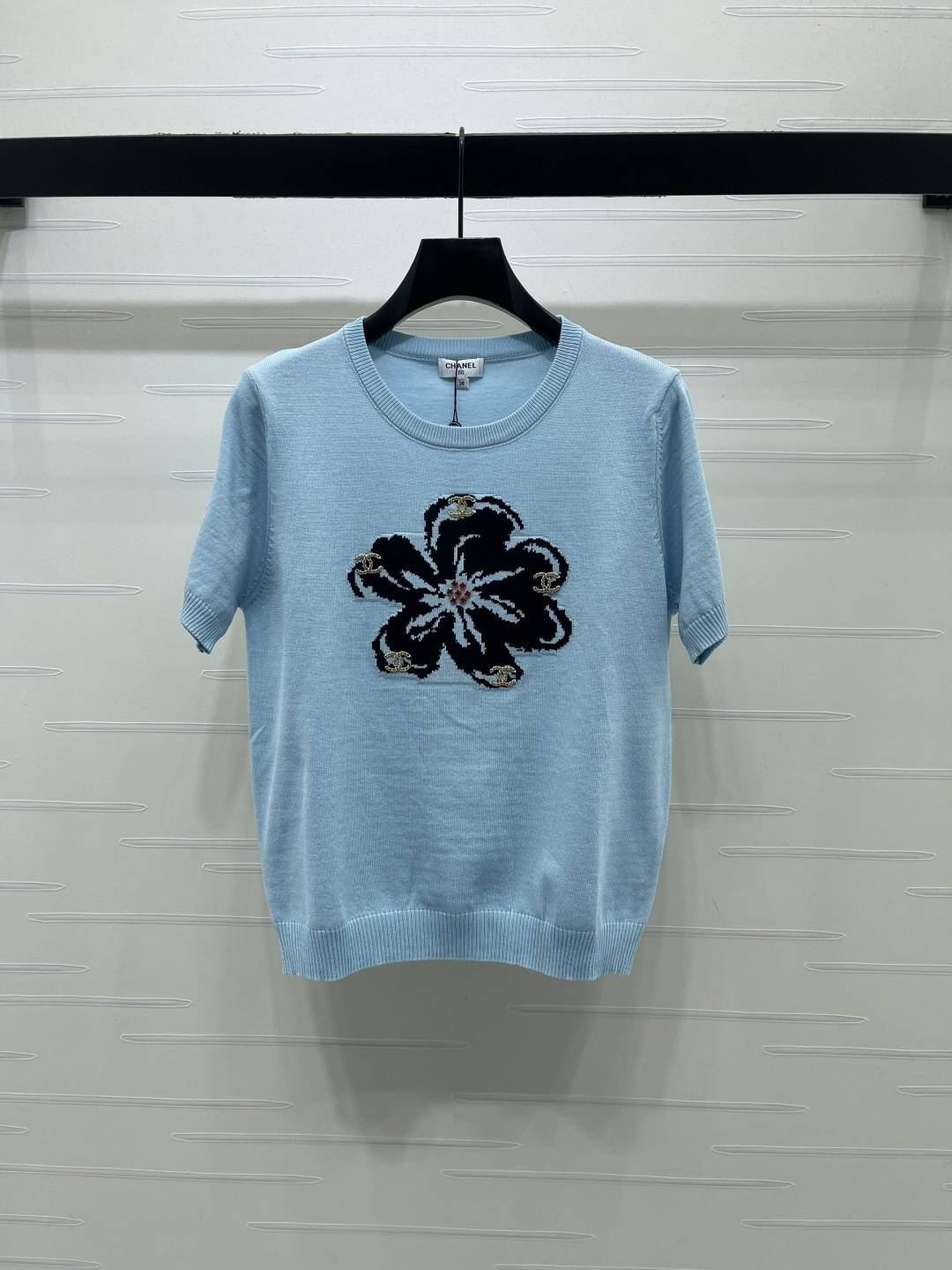 CHANEL シャネル ニット 半袖 クルーネック 山茶花柄 ライトブルー