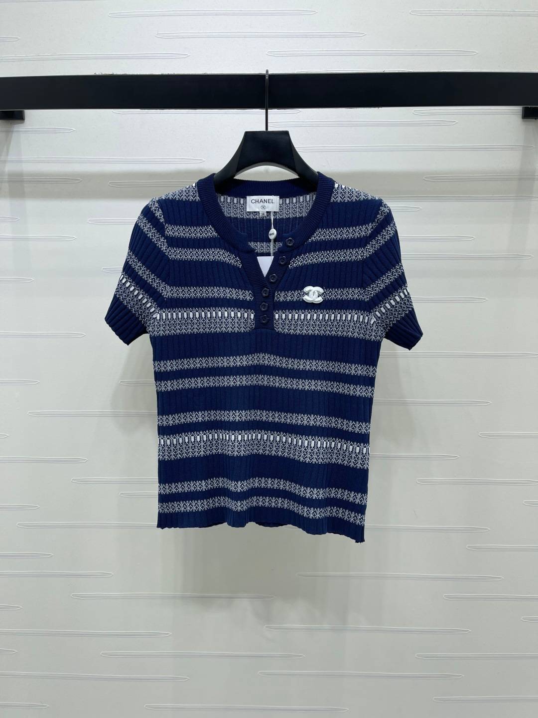 CHANEL シャネル リブニット 半袖 Vネック ボタン ネイビー