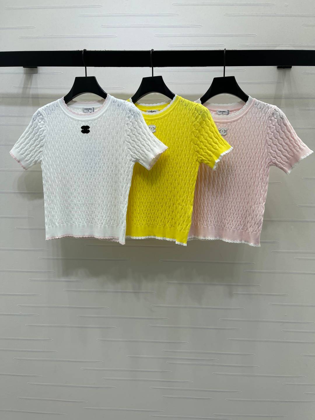 CHANEL シャネル ニット半袖 クルーネック レディース ショート丈 ホワイト イエロー ピンク