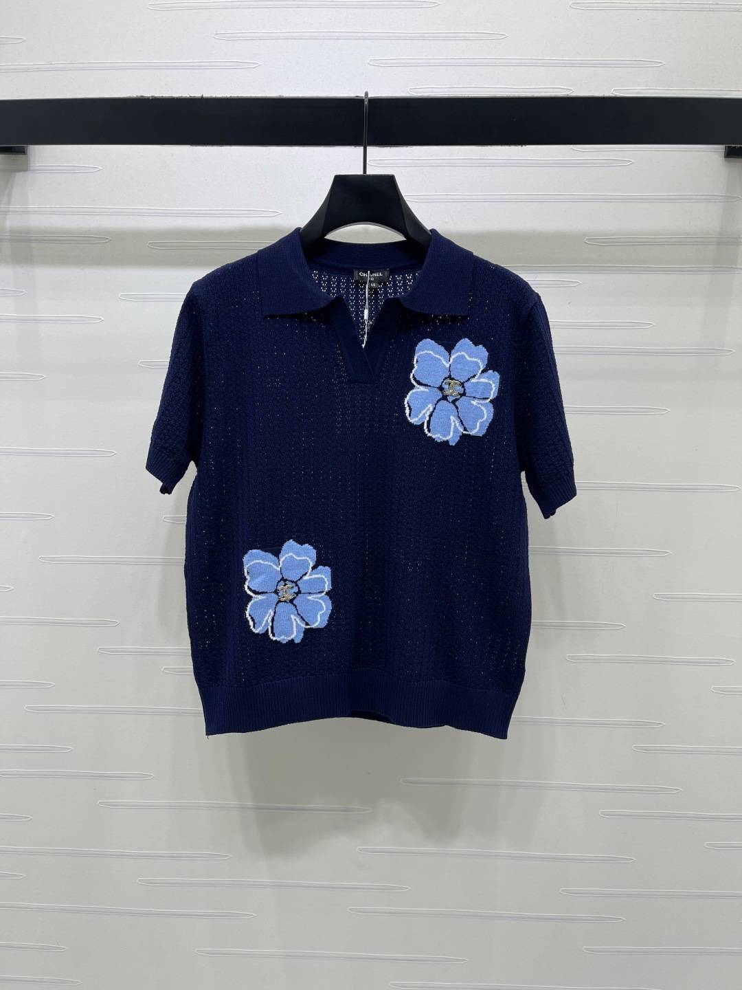 CHANEL シャネル ニットポロ 半袖 レディース 花柄 ネイビー