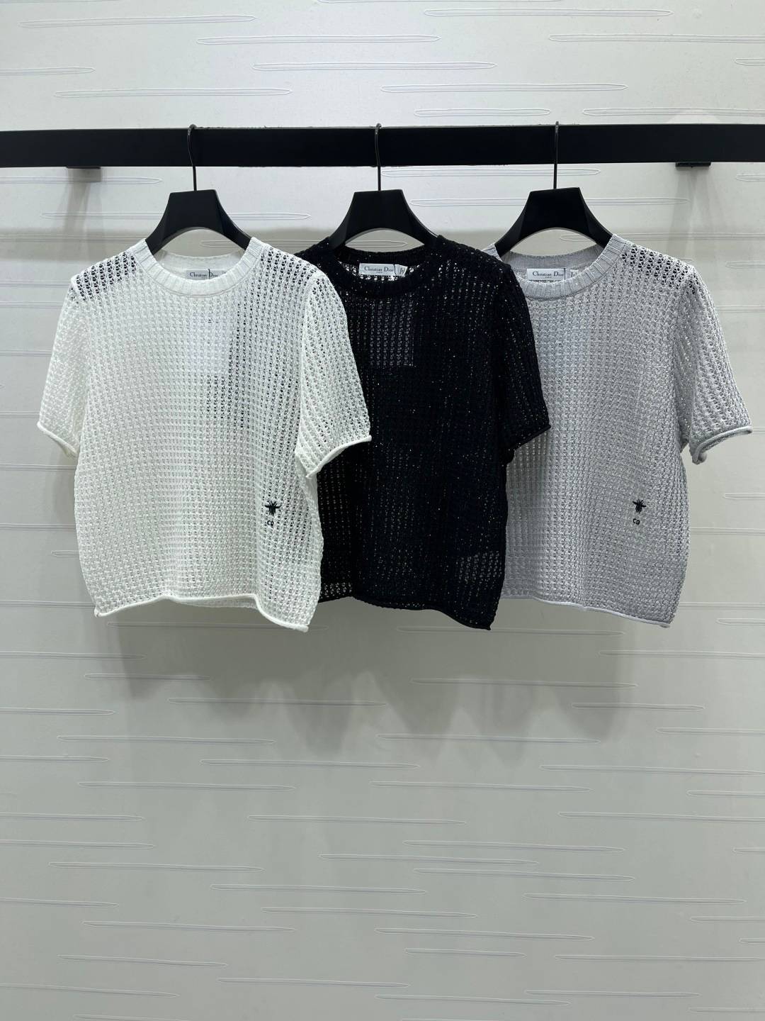 CHANEL シャネル ニットトップス 半袖 クルーネック メッシュ編み 白黒グレー