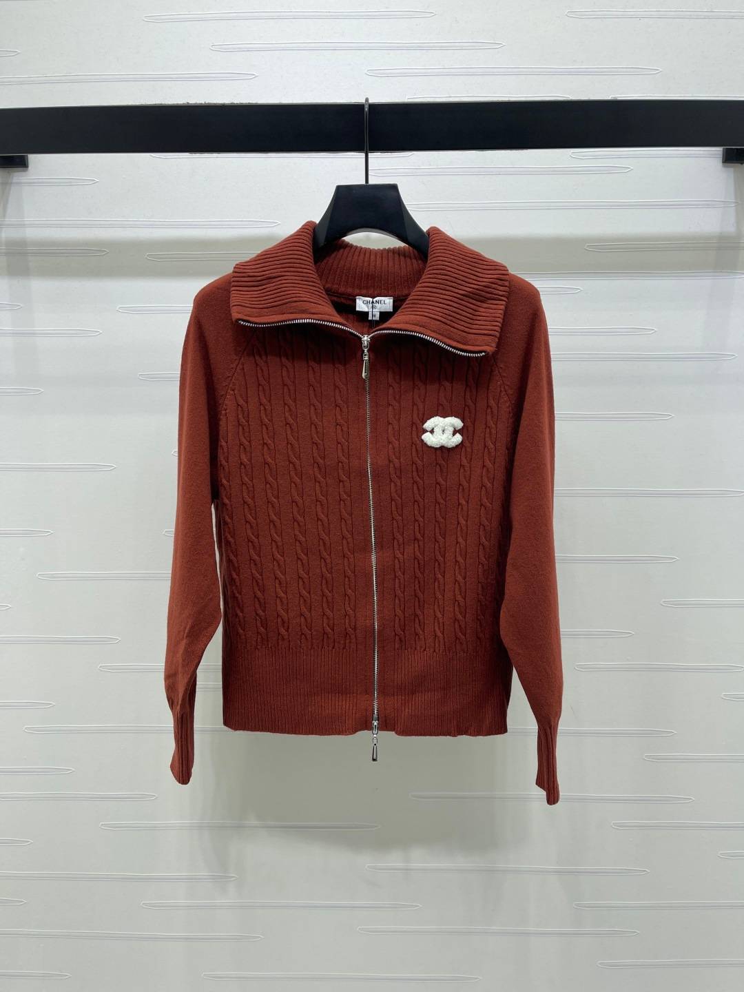 CHANEL シャネル ニットカーディガン 長袖 編み柄 テラコッタ