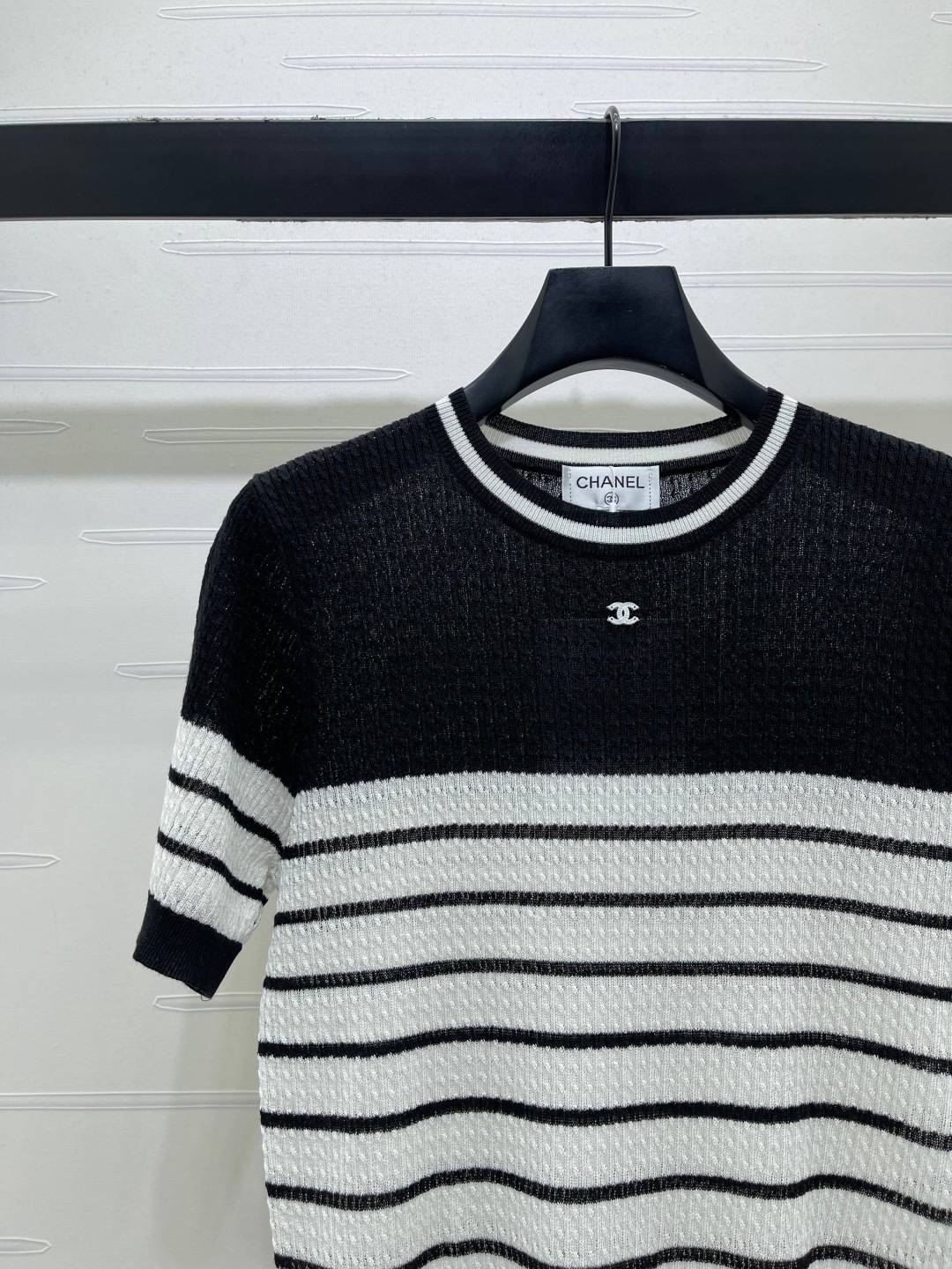 CHANEL シャネル ニット 半袖 クルーネック ストライプ ブラック
