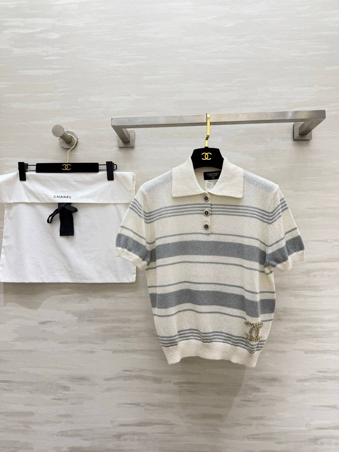 CHANEL シャネル ニット 半袖 ボタン レディース ベージュ グレー