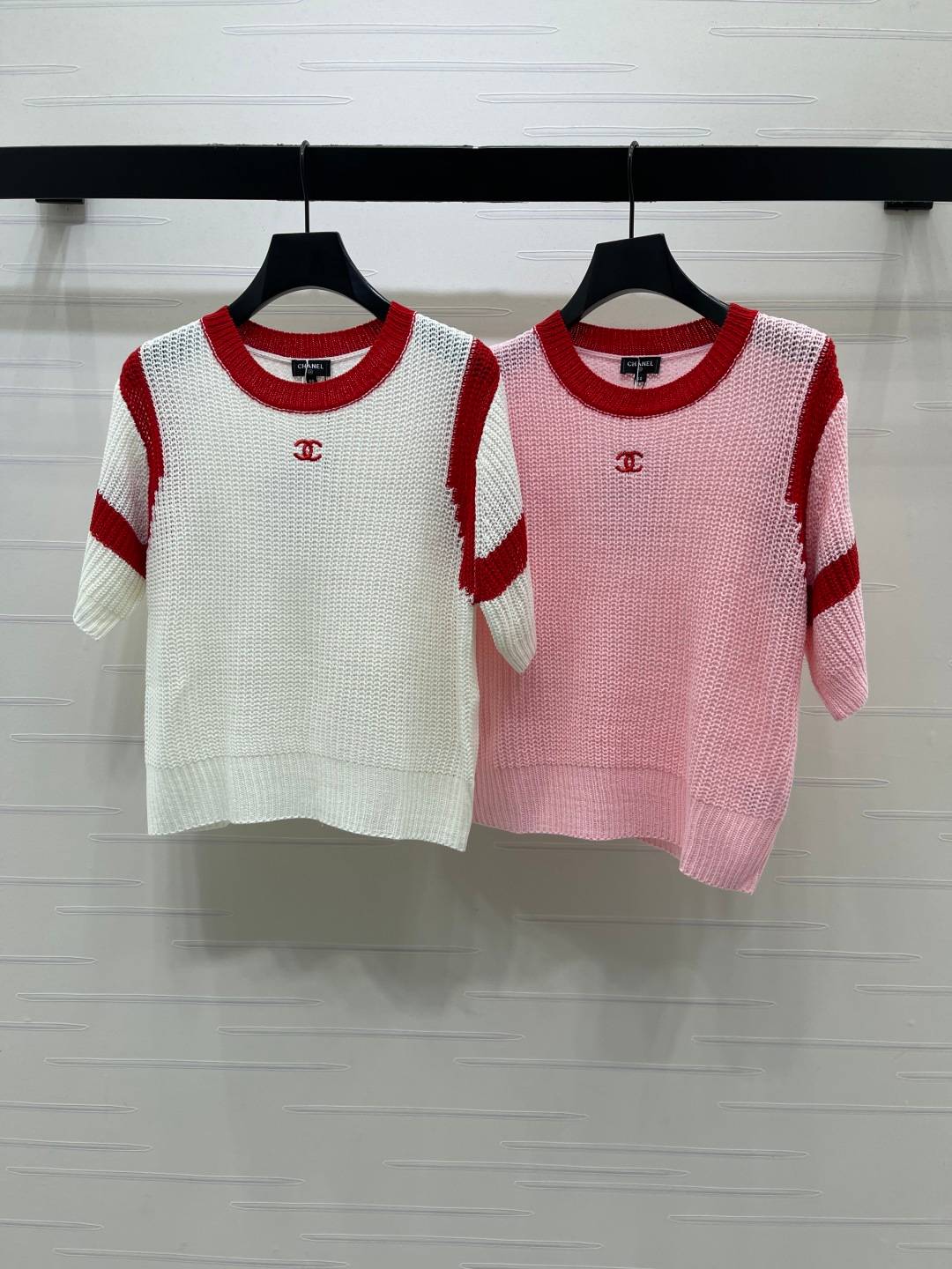 CHANEL シャネル ニット 半袖 クルーネック ホワイト ピンク