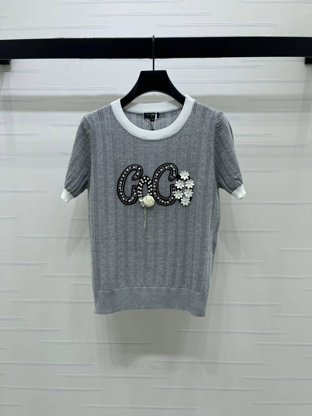 CHANEL シャネル リブニット 半袖 クルーネック レディース グレー