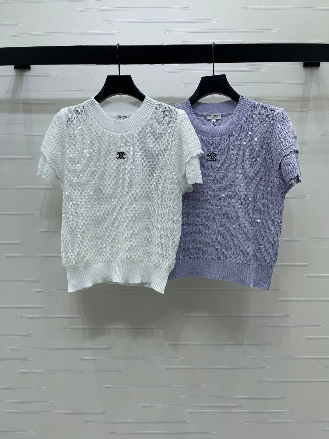 CHANEL シャネル ニット 半袖 クルーネック セクイン 白 ラベンダー