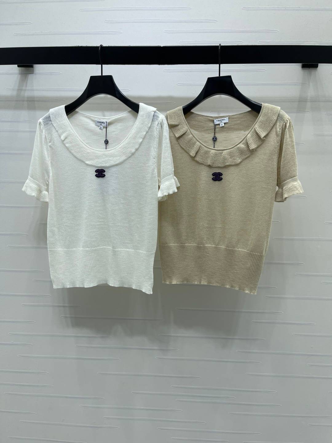 CHANEL シャネル ニットトップス 半袖 フリルカラー ショート丈 ホワイト ベージュ