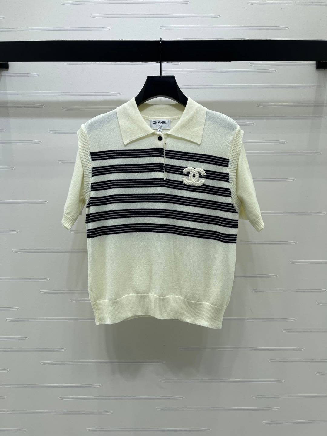 CHANEL シャネル ニットシャツ 半袖 ボタン ストライプ クリーム