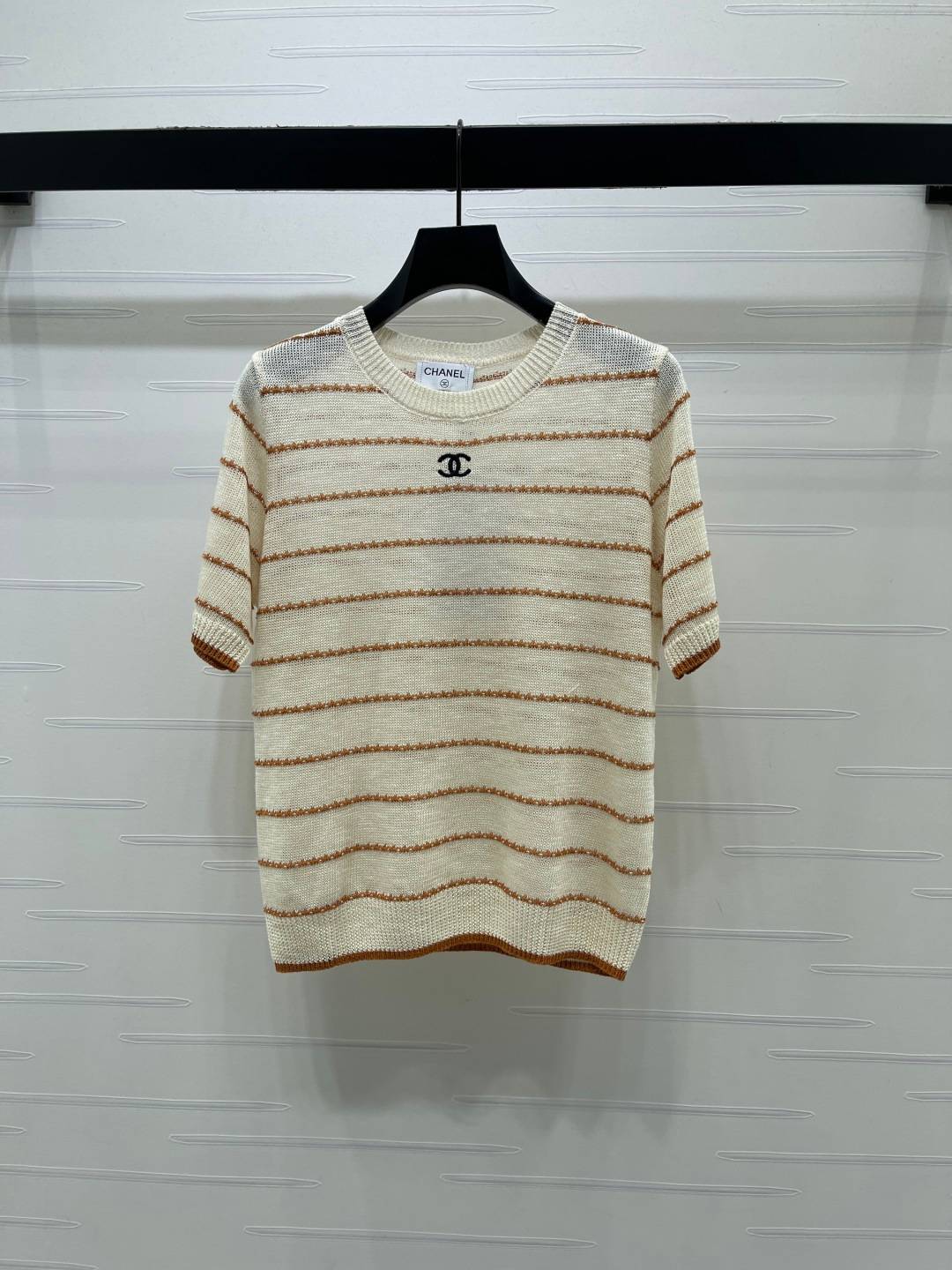 CHANEL シャネル ニット 半袖 クルーネック ストライプ クリーム