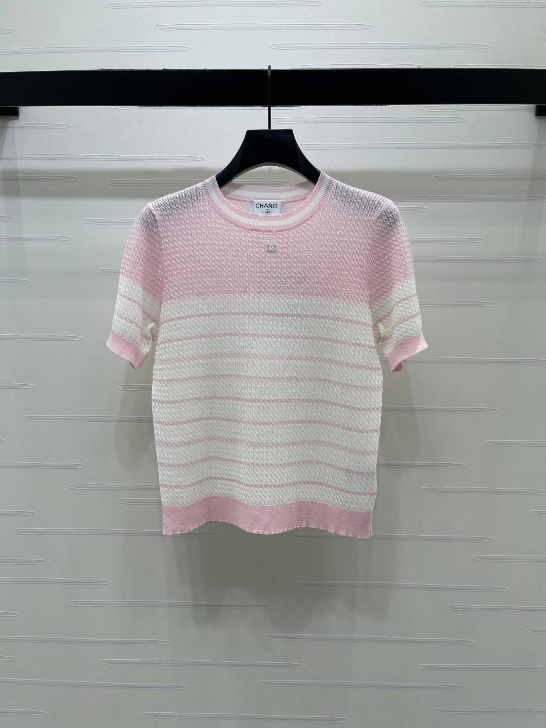 CHANEL シャネル ニット 半袖 クルーネック ストライプ ピンク