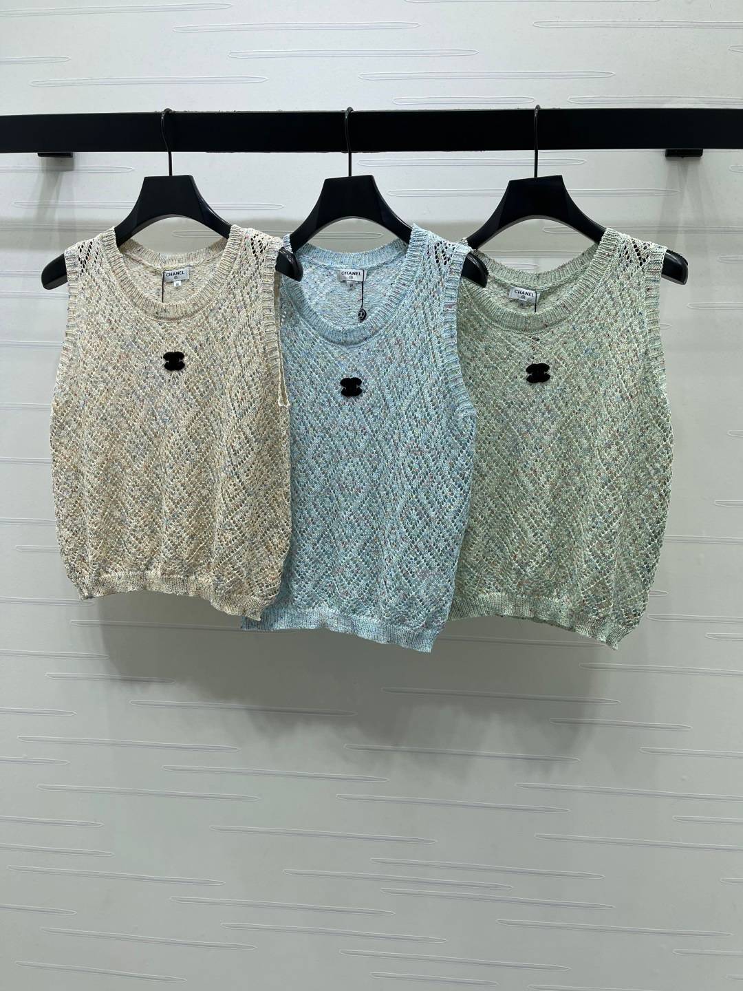 CHANEL シャネル ニットベスト クルーネック レイヤード ベージュ ブルー グリーン