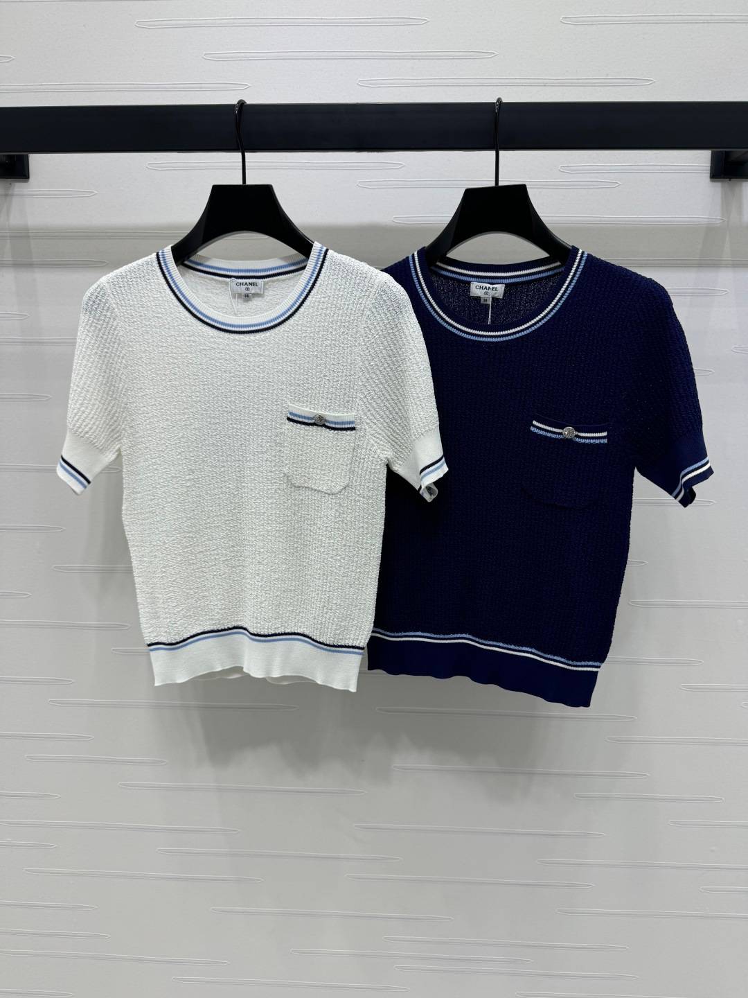 CHANEL シャネル 半袖ニット クルーネック ポケット ホワイト ネイビー