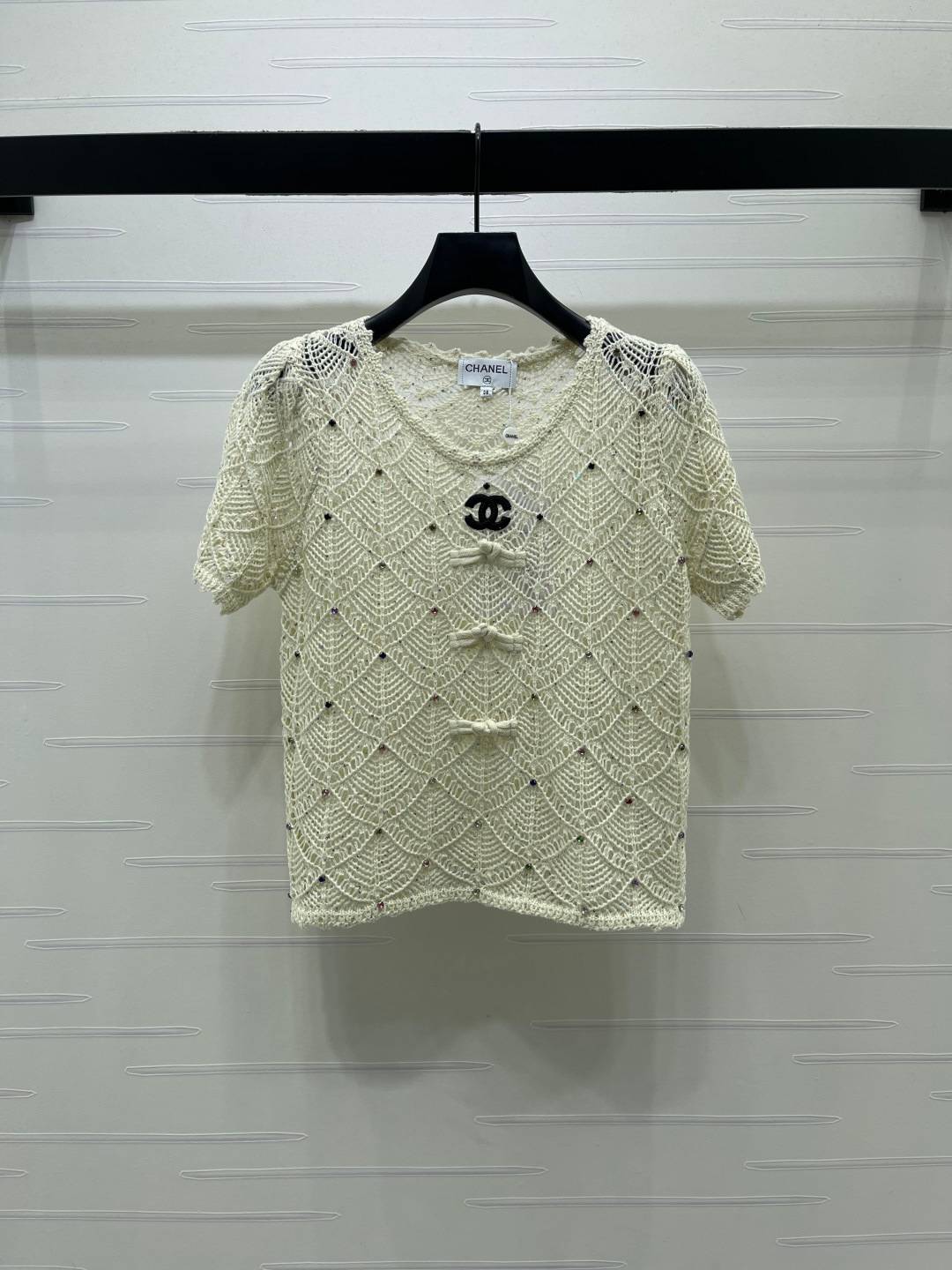 CHANEL シャネル ニットカーディガン 半袖 クルーネック ショート丈 クリーム