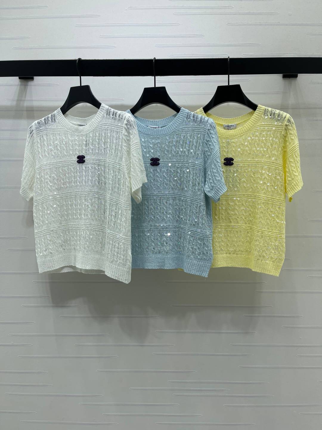 CHANEL シャネル ニット 半袖 クルーネック シーケン ホワイト ブルー イエロー