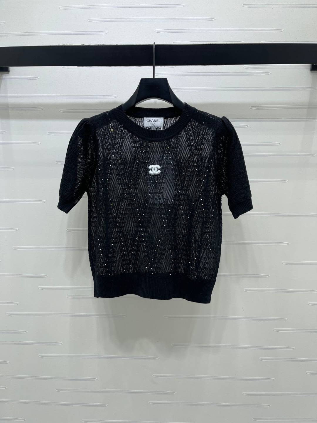 CHANEL シャネル ニット 半袖 クルーネック 菱形柄 ブラック