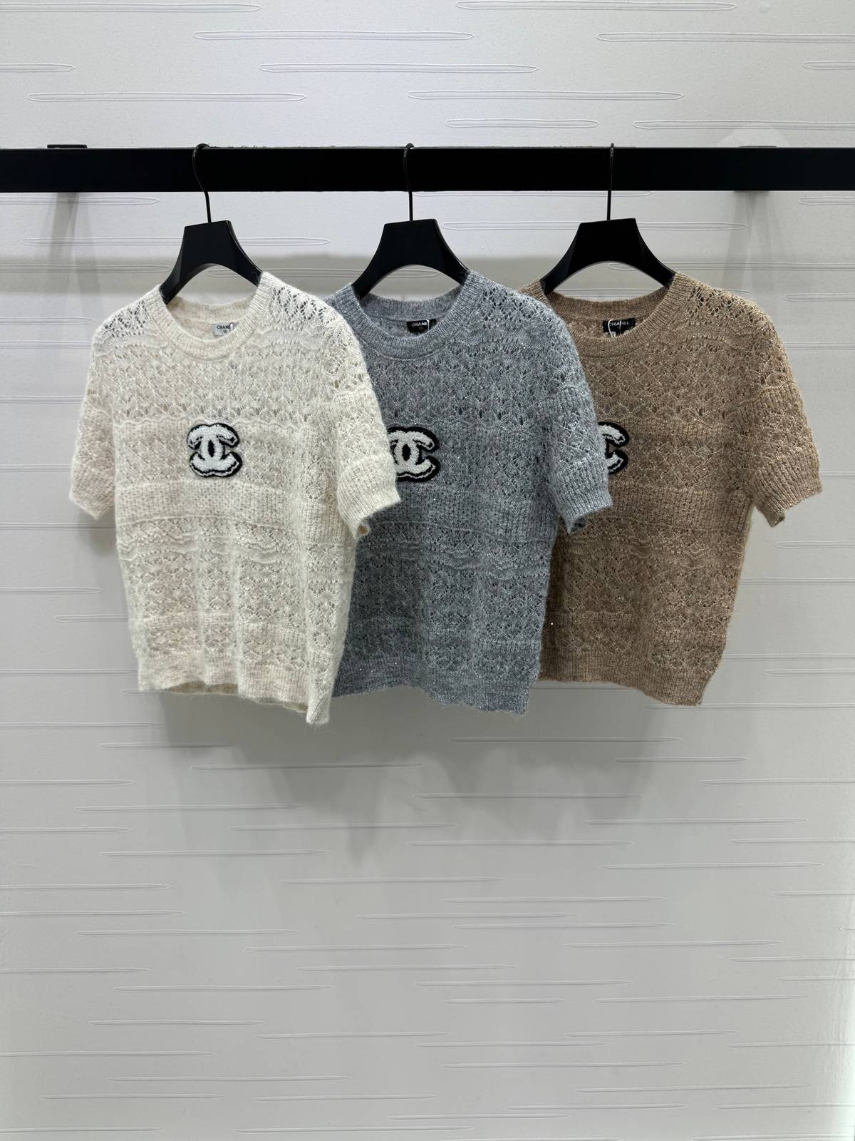 CHANEL シャネル 半袖ニット クルーネック レディース クリーム グレー ベージュ