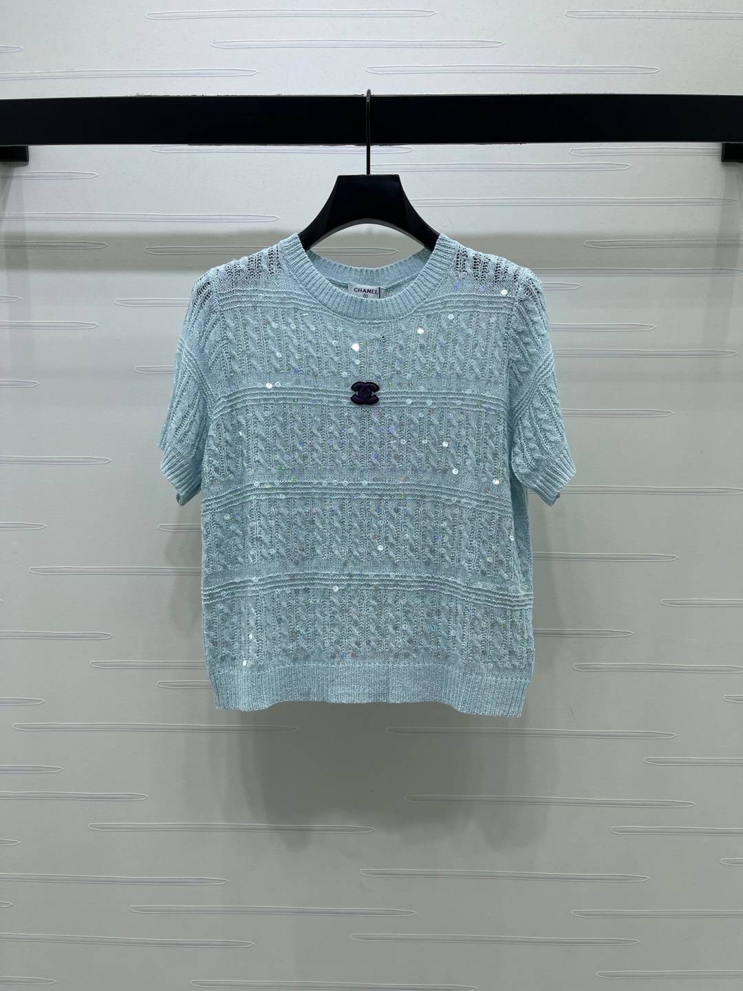 CHANEL シャネル ニット 半袖 クルーネック スパンコール ライトブルー