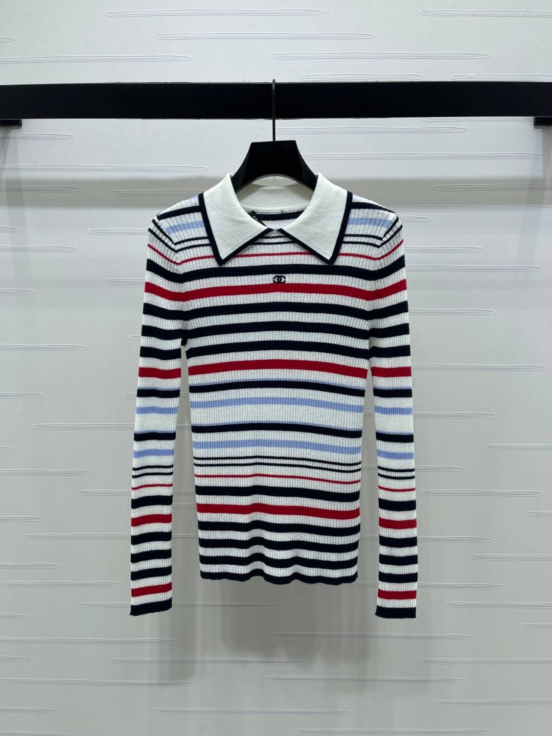 CHANEL シャネル ポロ襟 ニット 長袖 ストライプ マルチカラー