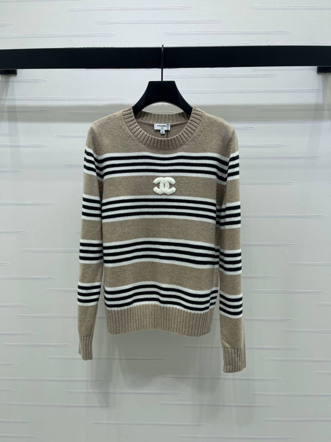 CHANEL シャネル クルーネックニット 長袖 ストライプ ベージュ