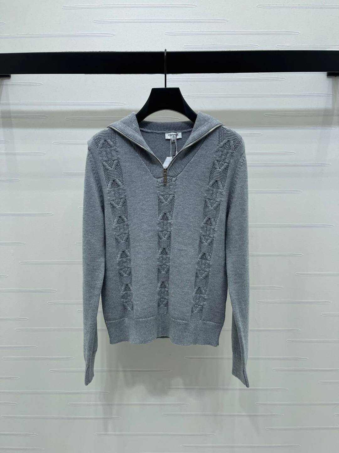 CHANEL シャネル ニットカーディガン 長袖 ジッパー 編み柄 グレー