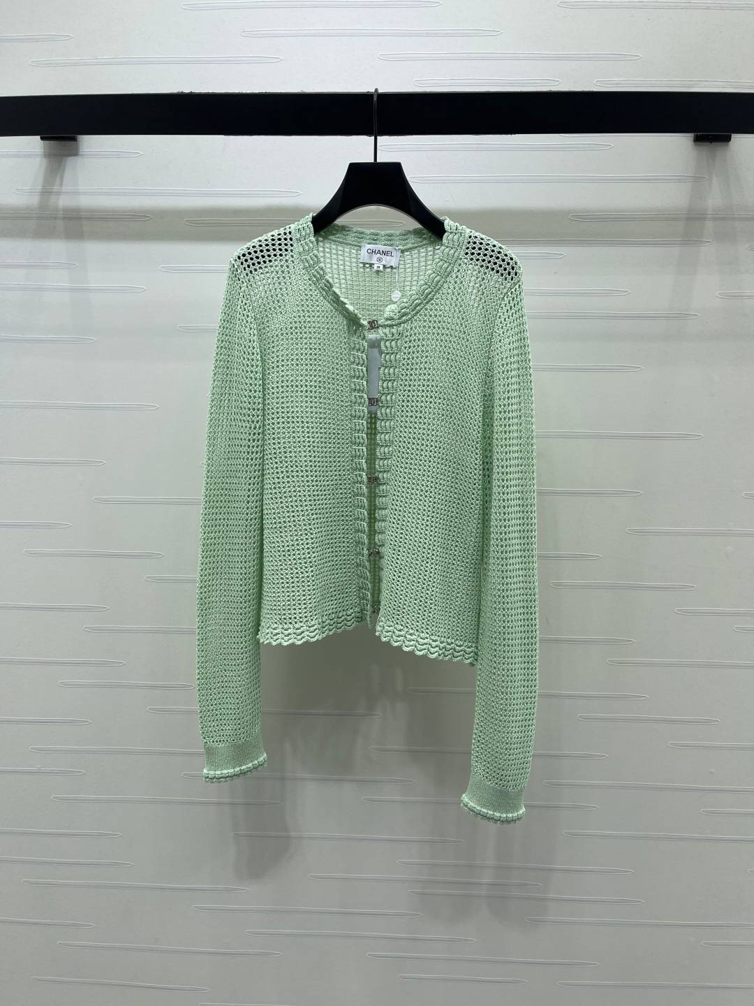 CHANEL シャネル ニットカーディガン 長袖 クルーネック メッシュ編み グリーン