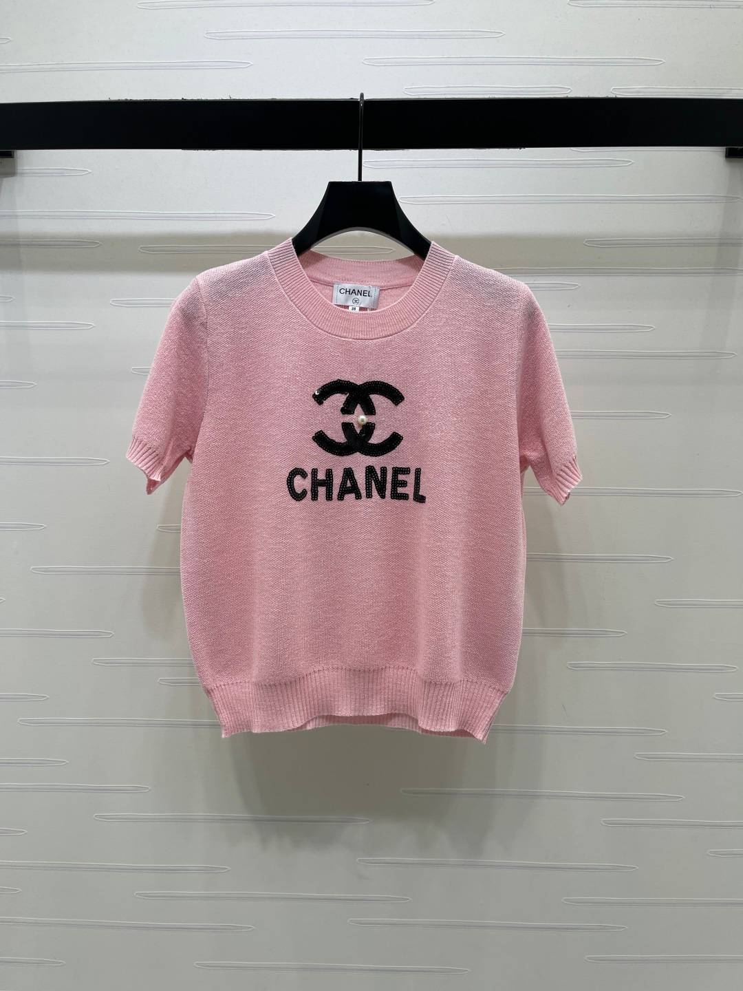 CHANEL シャネル 半袖ニット クルーネック ロゴ ピンク