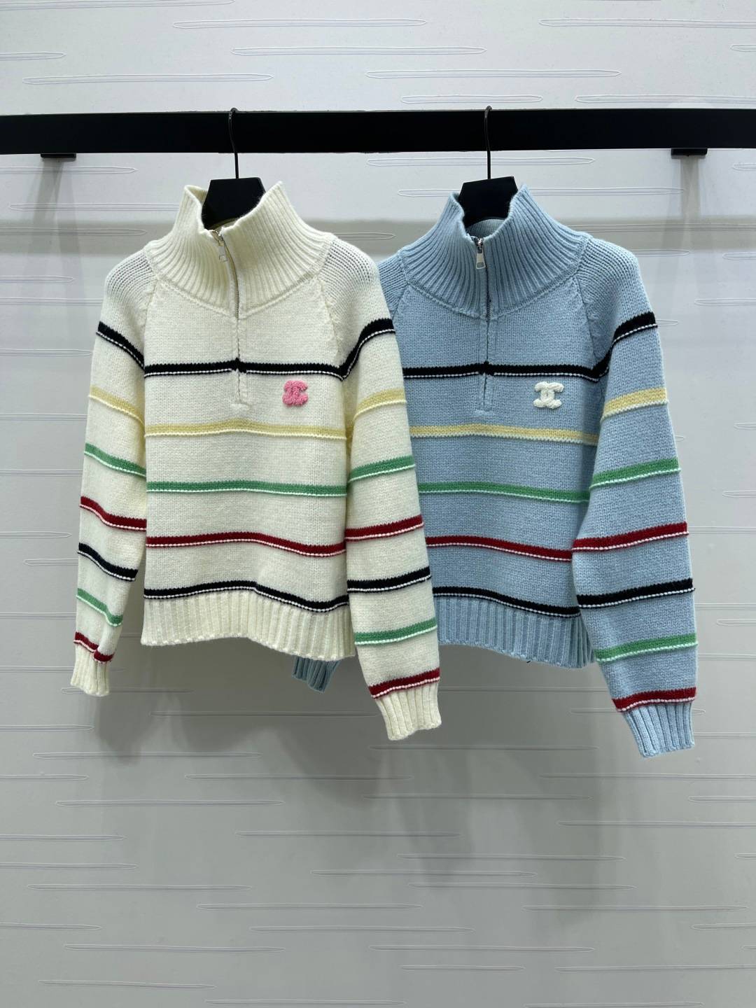 CHANEL シャネル ニットセーター 半ジップ 長袖 ストライプ クリーム ブルー