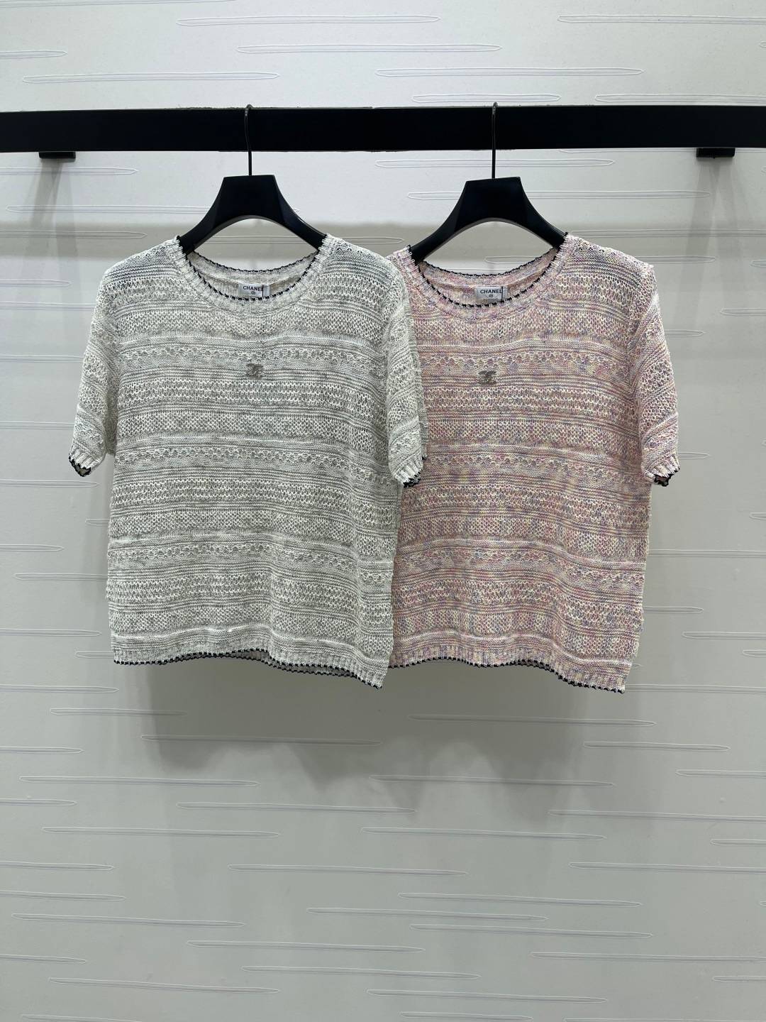 CHANEL シャネル ニット 半袖 クルーネック レディース 白 ピンク