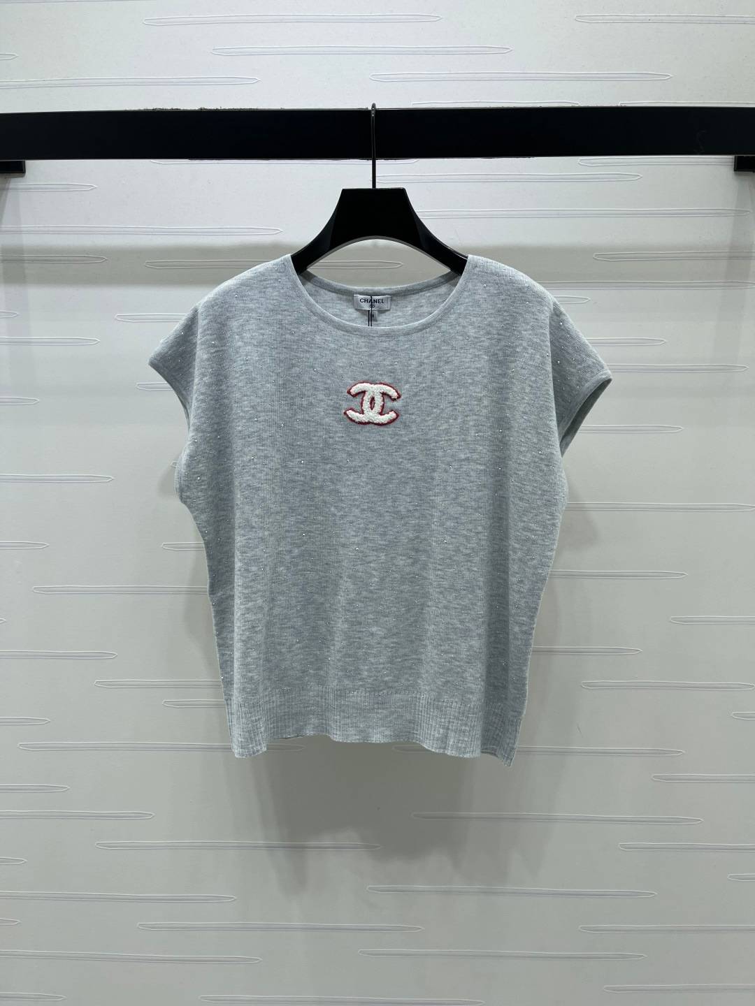 CHANEL シャネル ニット 半袖 クルーネック ロゴ グレー