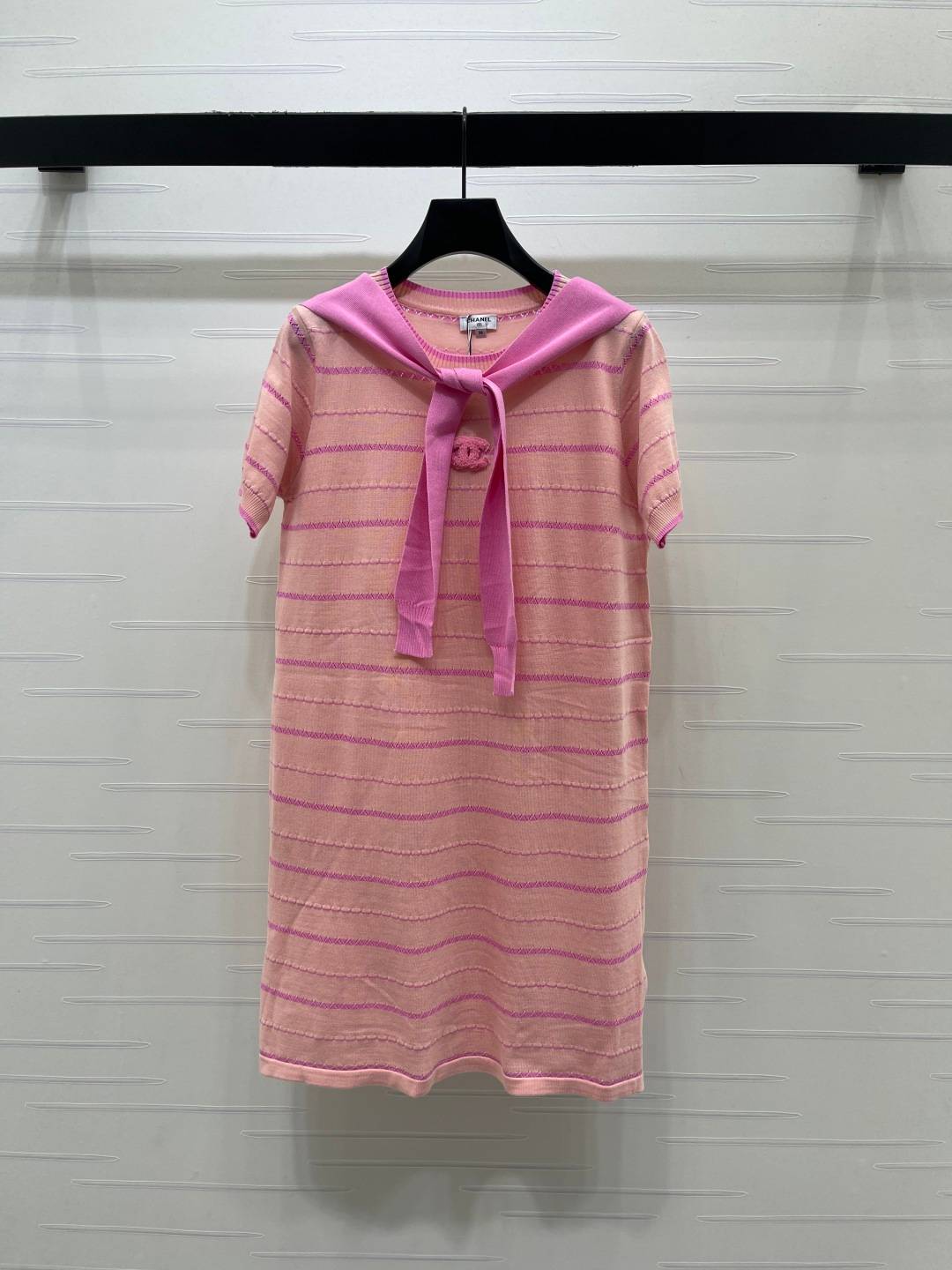 CHANEL シャネル ニットワンピース ショールカラー 半袖 ストライプ ピンク