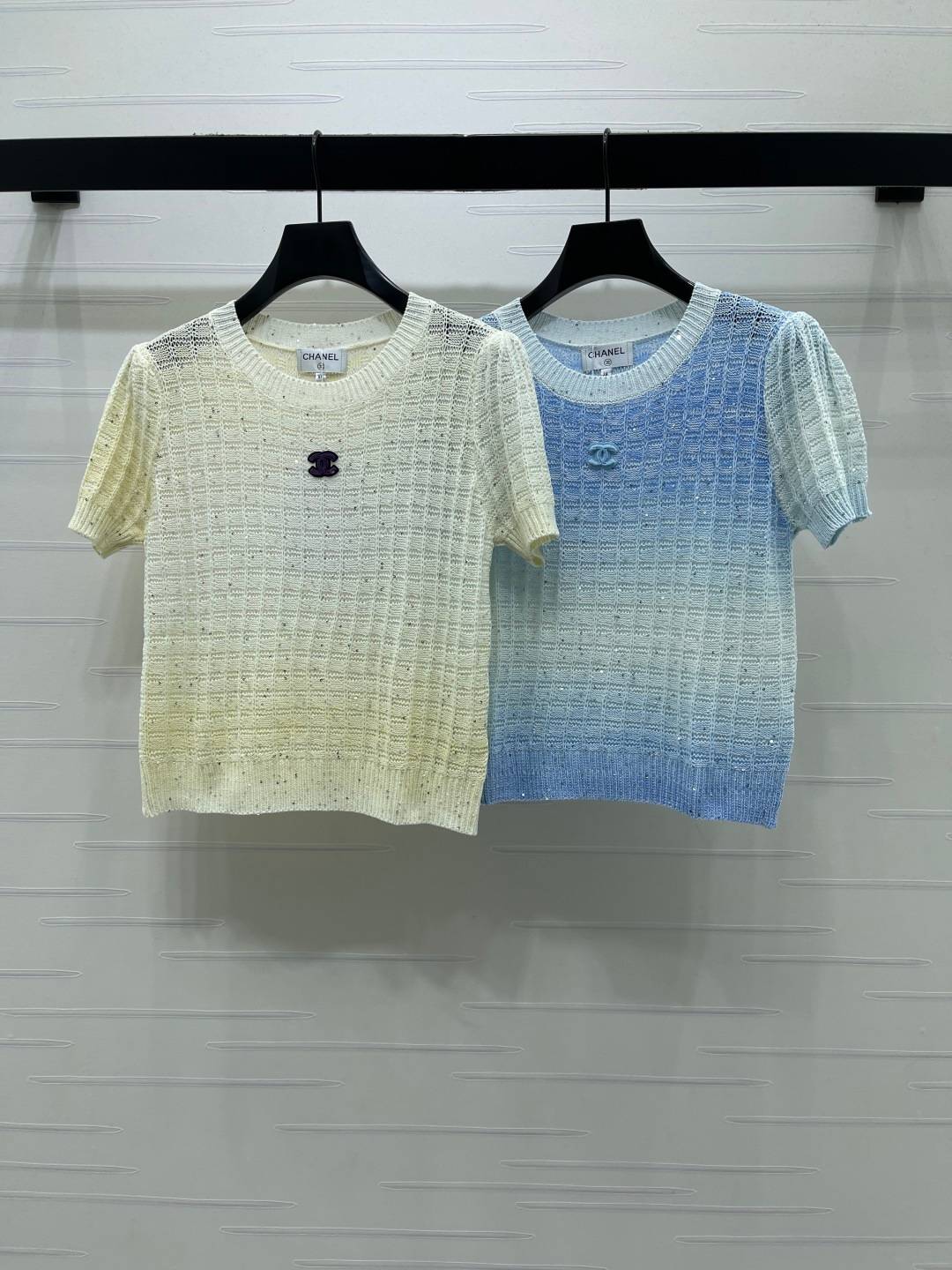 CHANEL シャネル ニット 半袖 クルーネック レディース イエロー ブルー