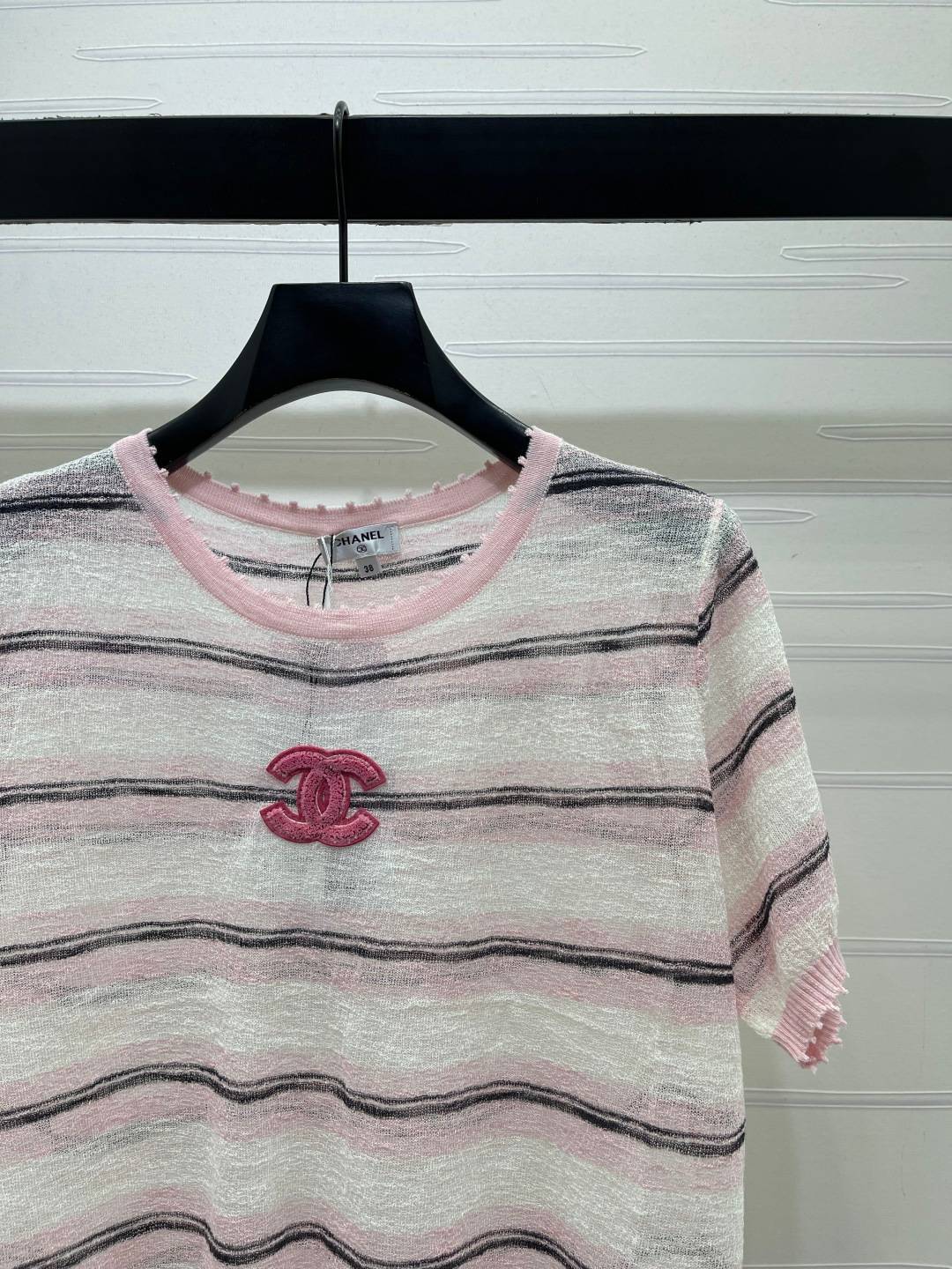 CHANEL シャネル ニット 半袖 クルーネック ピンクストライプ