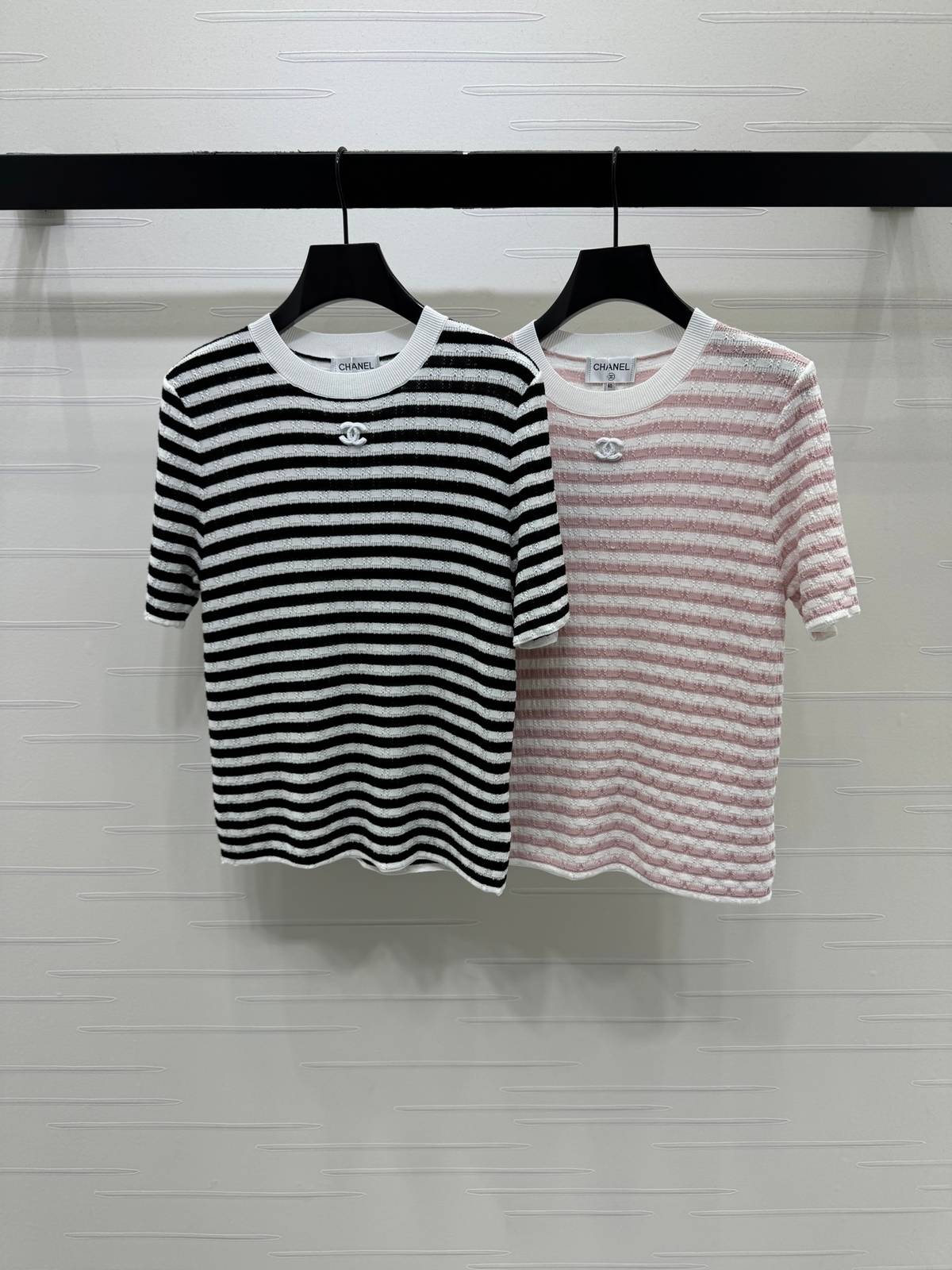 CHANEL シャネル ニット 半袖 クルーネック ストライプ ブラック ピンク