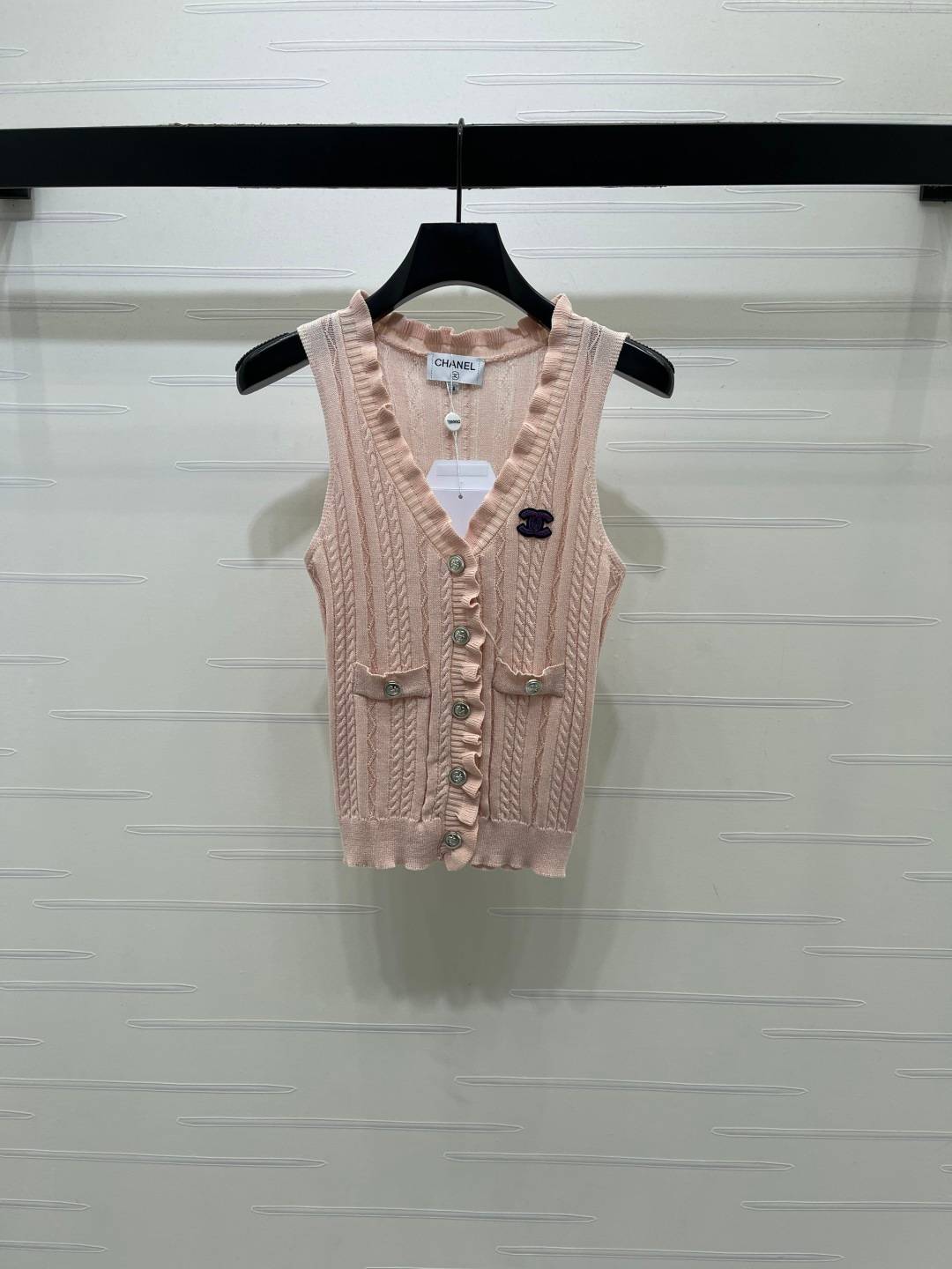CHANEL シャネル ニットベスト Vネック 前開き フリル ピンク
