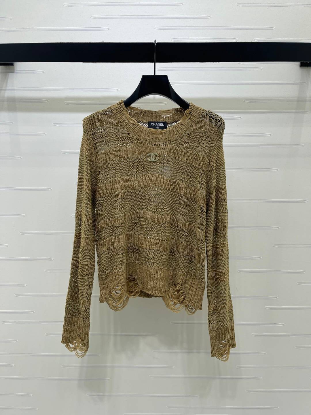 CHANEL シャネル ニット 長袖 クルーネック メッシュ ラメ ゴールド