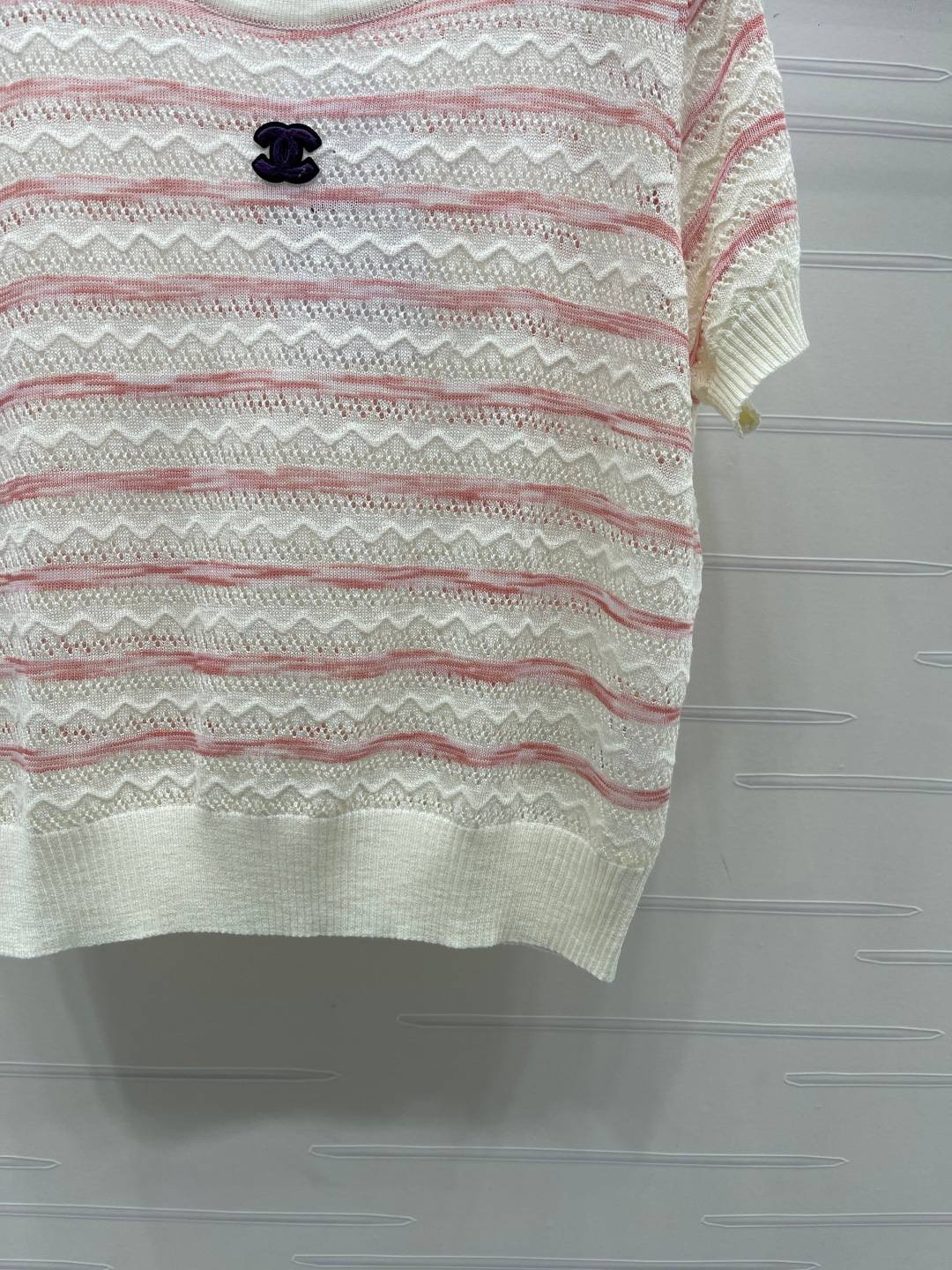 CHANEL シャネル 半袖ニット クルーネック 透かし編み ピンク グリーン