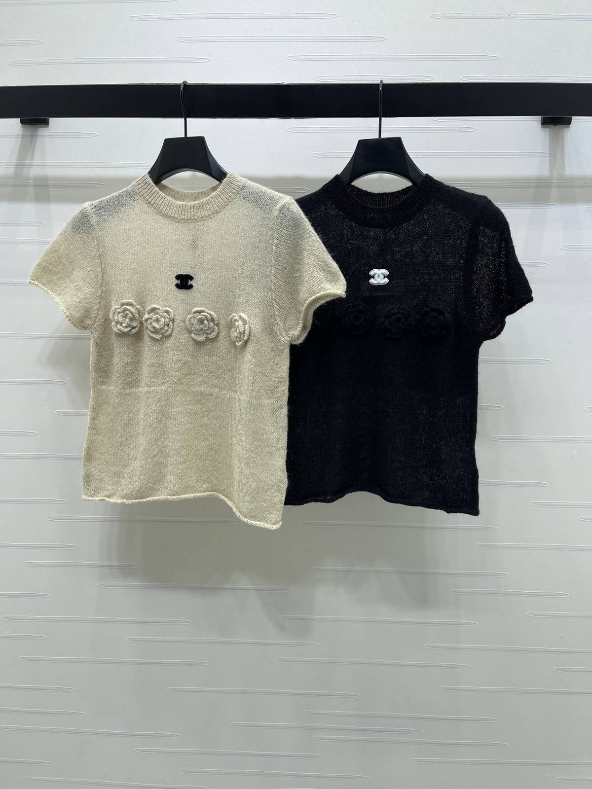 CHANEL シャネル 半袖ニット 立体装飾 カンナ クルーネック ブラック ベージュ