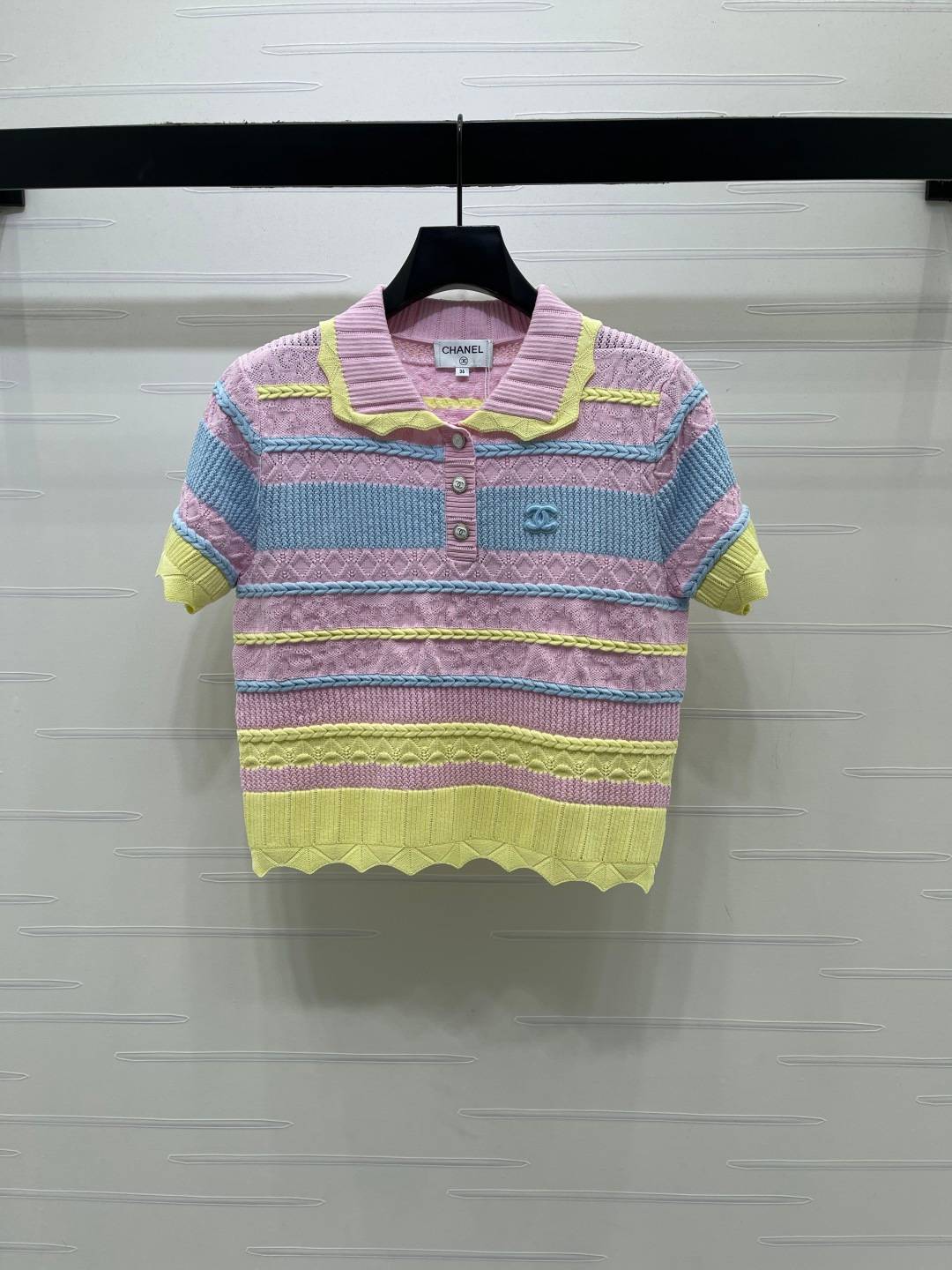 CHANEL シャネル ニットポロ 半袖 ショート丈 ボタン パステルストライプ