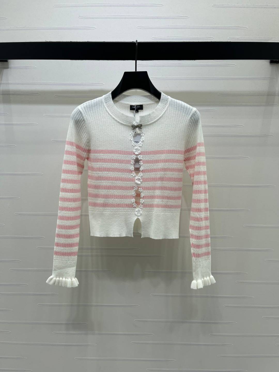 CHANEL シャネル ニットカーディガン 長袖 ショート丈 クルーネック ピンク ホワイト