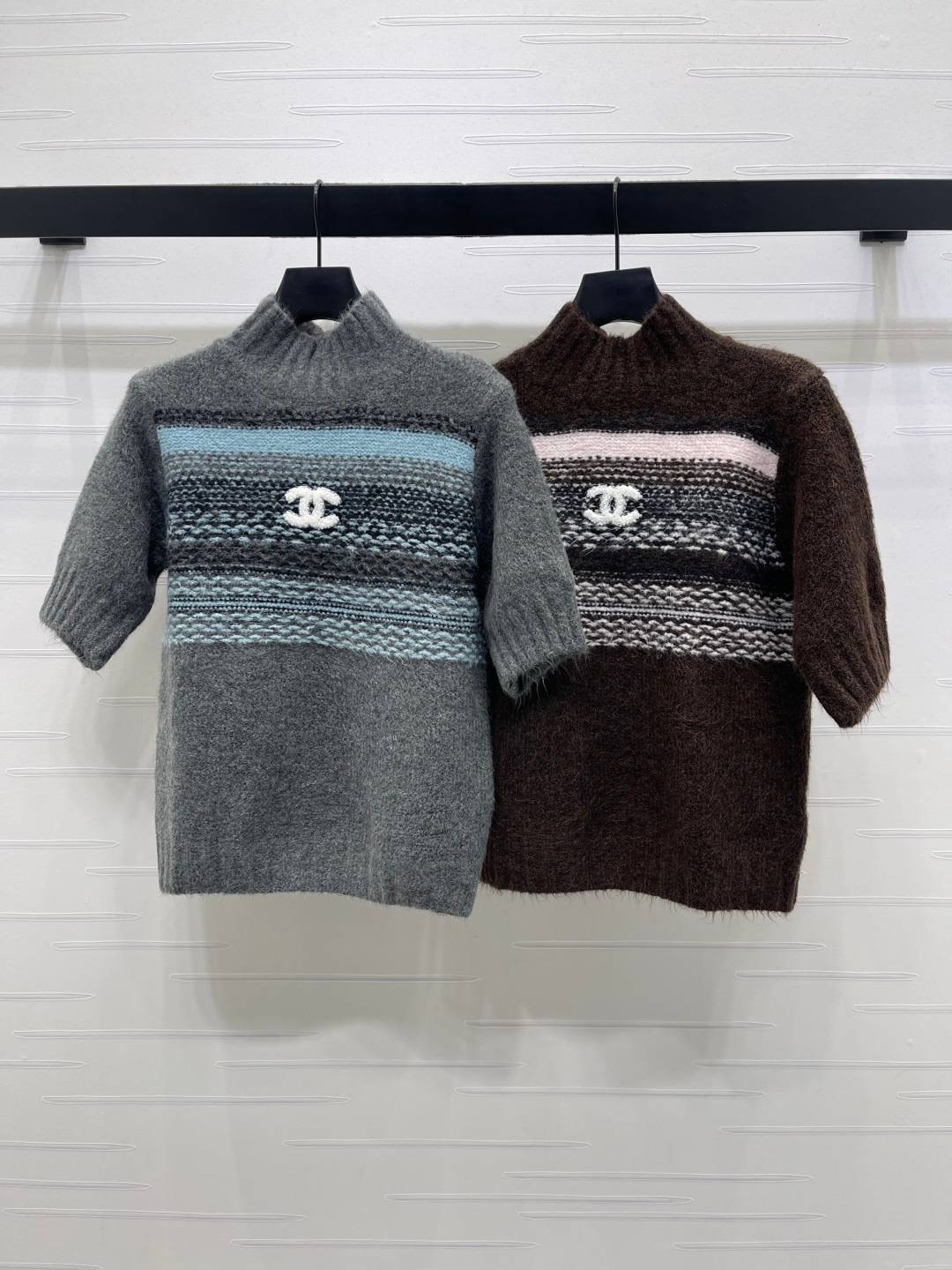 CHANEL シャネル 半袖ニット タートルネック フェル島柄 ウール グレー ブラウン
