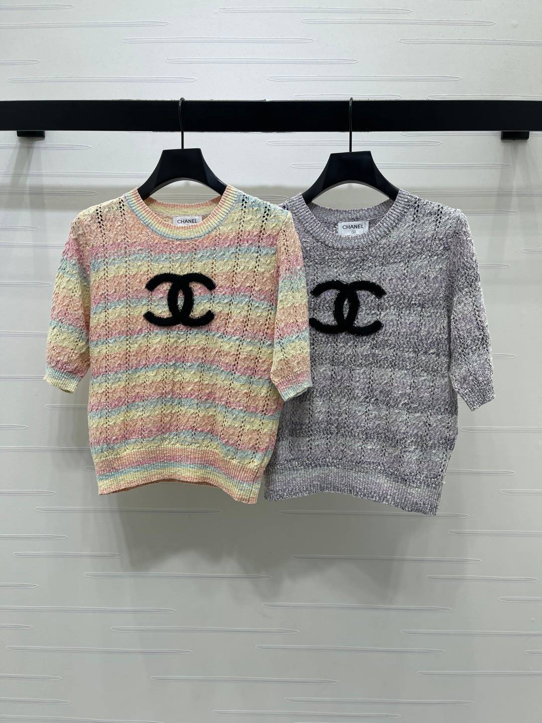 CHANEL シャネル ニット クルーネック 半袖 レディース マルチカラー グレー