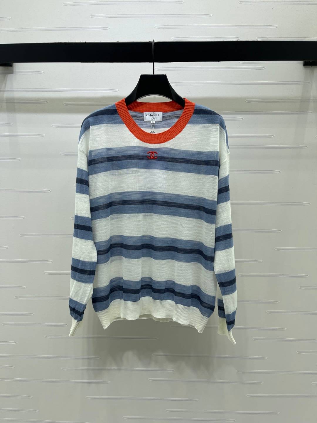 CHANEL シャネル ニット 長袖 クルーネック ブルー ホワイト オレンジ