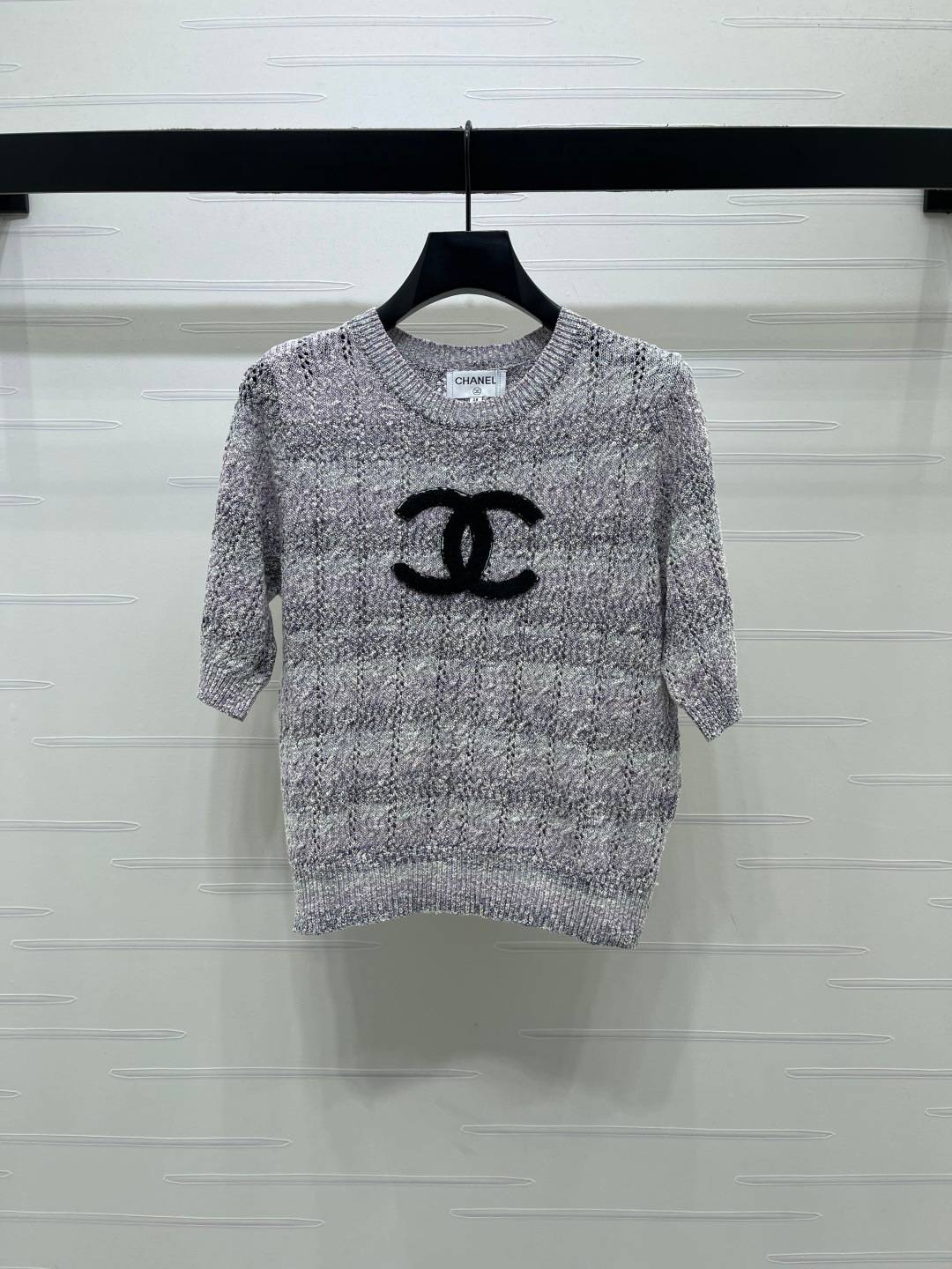 CHANEL シャネル ニット クルーネック 半袖 刺繍 ロゴ グレー